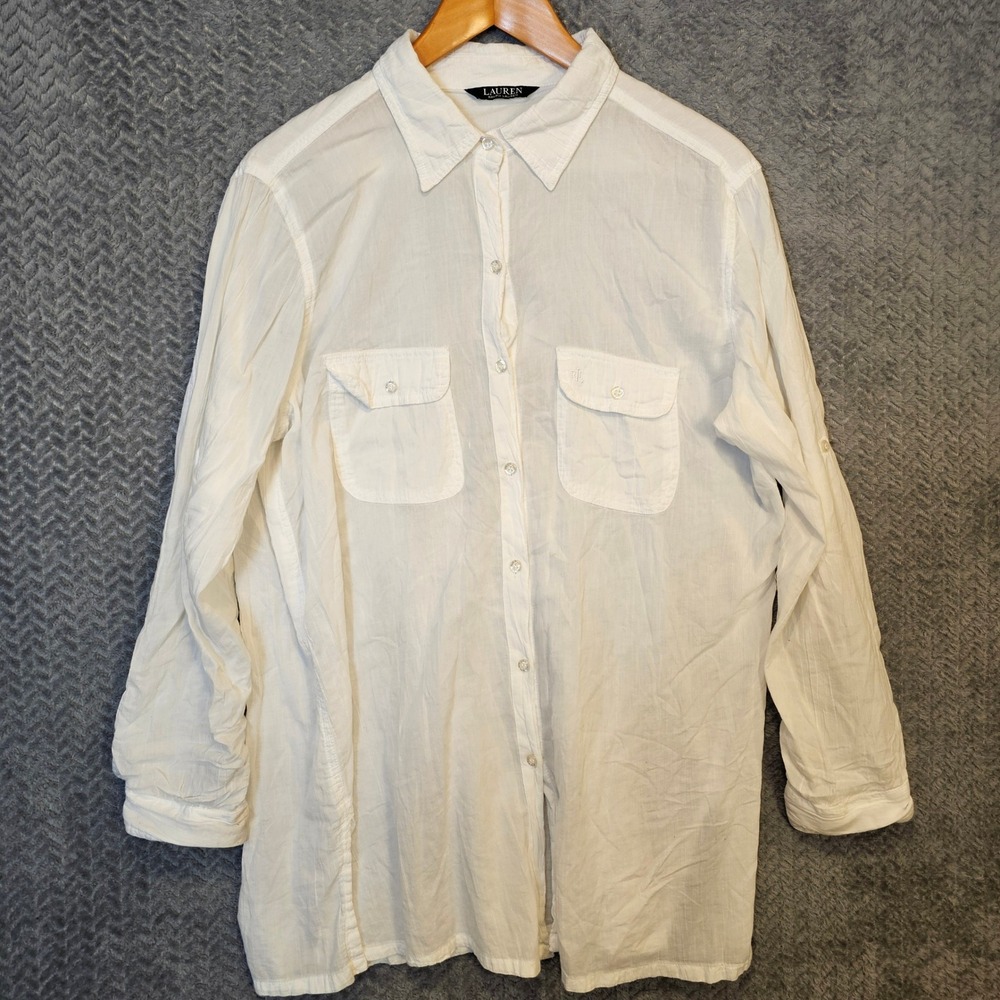 Lauren Ralph Lauren‎ White Crinkle Gauze Roll Tab Button Down Shirt Women L